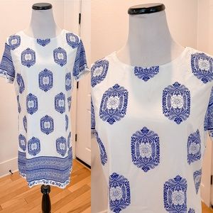 Lulus island inspiration short printed blue white sleeve dress L shift